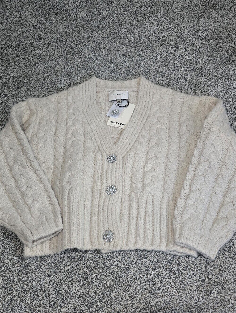 Industry Cream Cable Knit Cropped Cardigan Sweater Rhinestone Buttons Size XS